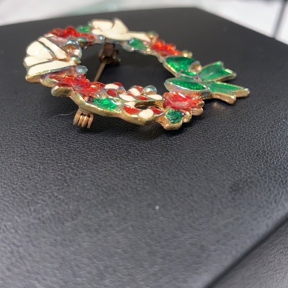 Vintage Holiday Wreath Brooch - Metal/Enamel, Red/White/Green/Gold, 2” - Picture 3 of 3